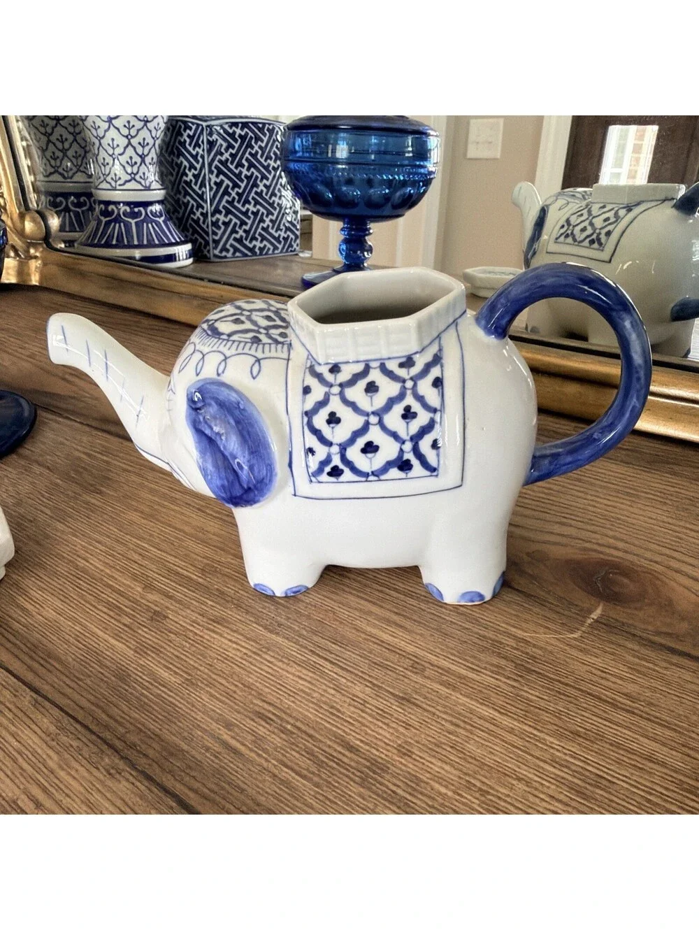 Vintage Blue White Elephant Teapot Made in Thailand Asian Chinoiserie Ceramic
